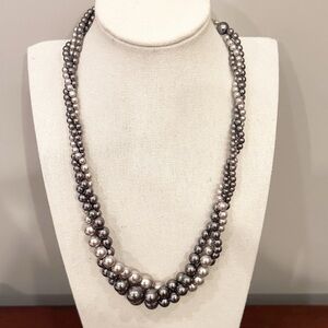 RMN Grey Triple Strand Pearl Necklace  Graduated Twist Signed 16-19" Long Preppy
